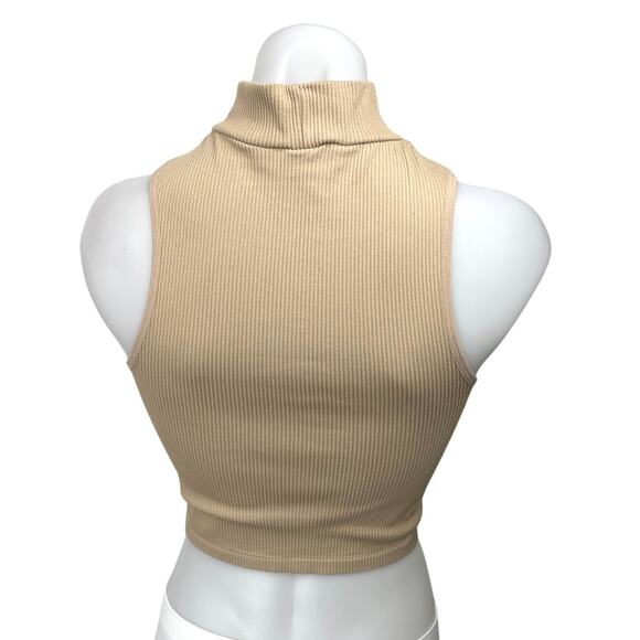 Zara Women's Beige Rib Knit Mock Neck Sleeveless Pullover Crop Tank Top Size M/L - Picture 2 of 4